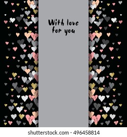Gray vertical design with hearts confetti on black background. Romantic trendy heart frame. Valentine day design for love card, valentine day greetings. Vector illustration stock vector.