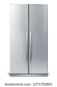 Frigorífico vertical gris para conservar los alimentos. Frigorífico plateado con dos puertas. Moderno refrigerador para el hogar, almacenamiento de productos