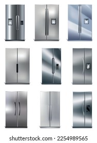 Frigorífico vertical gris para conservar los alimentos. Frigoríficos plateados con dos puertas. Modernos refrigeradores para el hogar, almacenamiento de productos