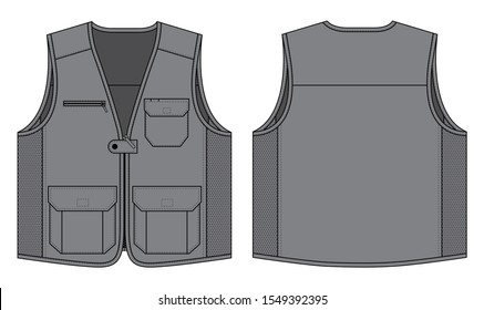 Gray Vest With Multi Pocket and Mesh at Side on White Background.Front and Back View, Vector File