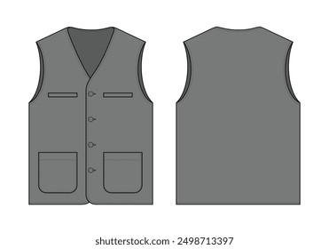 Gray Vest with Multi Pockets Template on White Background. Front and Back Views, Vector File.