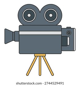 Gray video camera on yellow tripod stand for recording footage old film camera icon