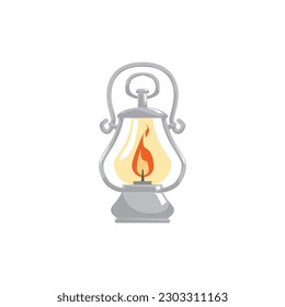 Gray vintage lantern with burning wick flat style, vector illustration isolated on white background. Lightning equipment with handle, decorative design element