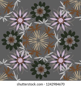 Gray, violet and brown colors vector seamless pattern with many flowers.