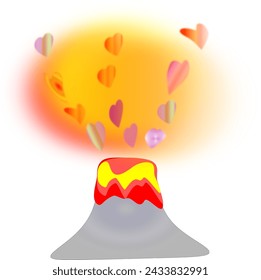 Gray volcano erupts many colorful loves to express love with red, yellow and orange gases around