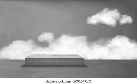 Sala de estudio de pared gris con nubes esponjosas en la pared, textura de fondo de cemento gris del suelo, fondo vectorial 3D de la superficie de concreto gris oscuro. Banner para el concepto de diseño de loft 