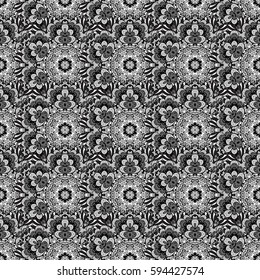 Gray wallpaper on texture background. Damask seamless repeating background. Gray floral ornament in baroque style. Gray doodles elements. Vector illustration.