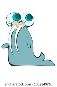 Gray walrus with large eyes and long tusks.