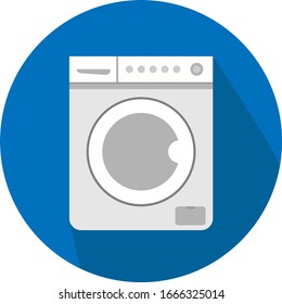 Gray washing machine icon vector isolated. Flat washer on blue background with shadow. Housework equipment.