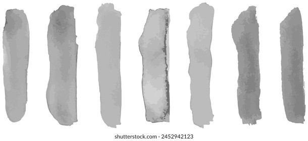 Gray Watercolor Brush Strokes Set for Overlay. 7 Hand-Drawn Vector Lines Perfect for Creative Designs on Transparent Background
