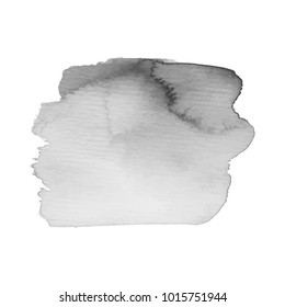 Gray watercolor spot with droplets, smudges, stains, splashes. Grayscale blot in grunge style.