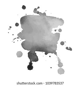 Gray watercolor spot with droplets, smudges, stains, splashes. Grayscale blot in grunge style.