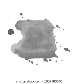 Gray watercolor spot with droplets, smudges, stains, splashes. Grayscale blot in grunge style.