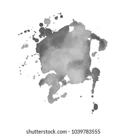 Gray watercolor spot with droplets, smudges, stains, splashes. Grayscale blot in grunge style.