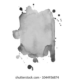 Gray watercolor spot with droplets, smudges, stains, splashes. Grayscale blot in grunge style.
