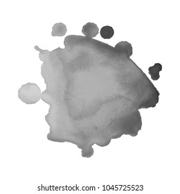 Gray watercolor spot with droplets, smudges, stains, splashes. Grayscale blot in grunge style.
