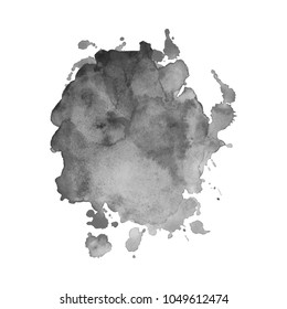 Gray watercolor spot with droplets, smudges, stains, splashes. Grayscale blot in grunge style.