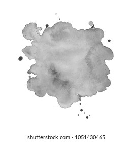 Gray watercolor spot with droplets, smudges, stains, splashes. Grayscale blot in grunge style.