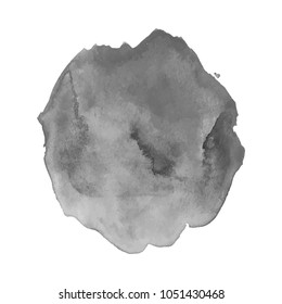 Gray watercolor spot with droplets, smudges, stains, splashes. Grayscale blot in grunge style.