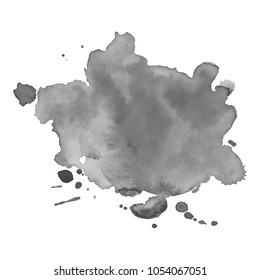 Gray watercolor spot with droplets, smudges, stains, splashes. Grayscale blot in grunge style.
