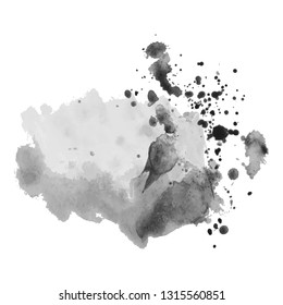 Gray watercolor spot with droplets, smudges, stains, splashes. Grayscale blot in grunge style.