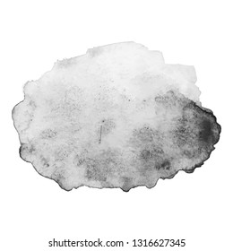 Gray watercolor spot with droplets, smudges, stains, splashes. Grayscale blot in grunge style.