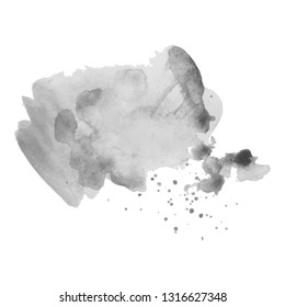 Gray watercolor spot with droplets, smudges, stains, splashes. Grayscale blot in grunge style.