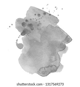 Gray watercolor spot with droplets, smudges, stains, splashes. Grayscale blot in grunge style.