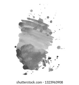 Gray watercolor spot with droplets, smudges, stains, splashes. Grayscale blot in grunge style.