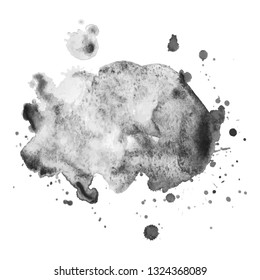 Gray watercolor spot with droplets, smudges, stains, splashes. Grayscale blot in grunge style.