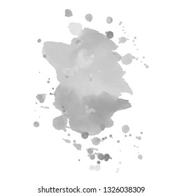 Gray watercolor spot with droplets, smudges, stains, splashes. Grayscale blot in grunge style.