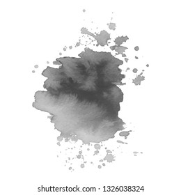 Gray watercolor spot with droplets, smudges, stains, splashes. Grayscale blot in grunge style.