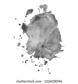 Gray watercolor spot with droplets, smudges, stains, splashes. Grayscale blot in grunge style.