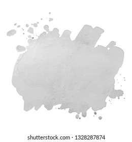 Gray watercolor spot with droplets, smudges, stains, splashes. Grayscale blot in grunge style.