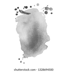 Gray watercolor spot with droplets, smudges, stains, splashes. Grayscale blot in grunge style.