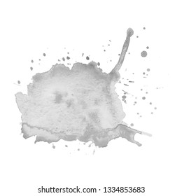 Gray watercolor spot with droplets, smudges, stains, splashes. Grayscale blot in grunge style.