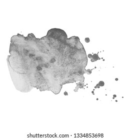 Gray watercolor spot with droplets, smudges, stains, splashes. Grayscale blot in grunge style.