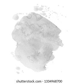Gray watercolor spot with droplets, smudges, stains, splashes. Grayscale blot in grunge style.