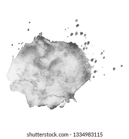 Gray watercolor spot with droplets, smudges, stains, splashes. Grayscale blot in grunge style.