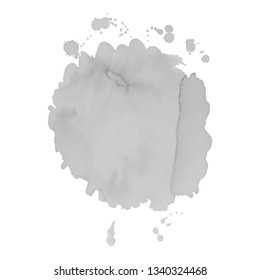 Gray watercolor spot with droplets, smudges, stains, splashes. Grayscale blot in grunge style.
