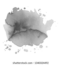 Gray watercolor spot with droplets, smudges, stains, splashes. Grayscale blot in grunge style.