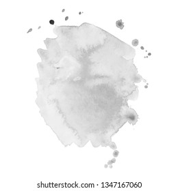 Gray watercolor spot with droplets, smudges, stains, splashes. Grayscale blot in grunge style.