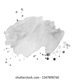 Gray watercolor spot with droplets, smudges, stains, splashes. Grayscale blot in grunge style.