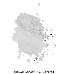 Gray watercolor spot with droplets, smudges, stains, splashes. Grayscale blot in grunge style.