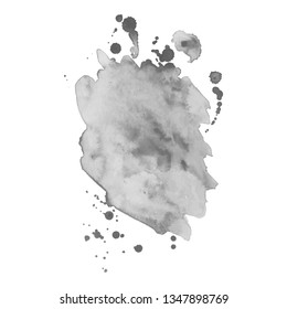 Gray watercolor spot with droplets, smudges, stains, splashes. Grayscale blot in grunge style.