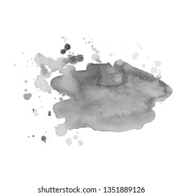 Gray watercolor spot with droplets, smudges, stains, splashes. Grayscale blot in grunge style.