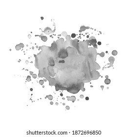 Gray watercolor spot with droplets, smudges, stains, splashes.