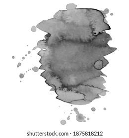 Gray watercolor spot with droplets, smudges, stains, splashes.