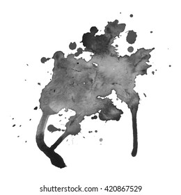 Gray watercolor spot with droplets, smudges, stains, splashes. Grayscale blot in grunge style. 