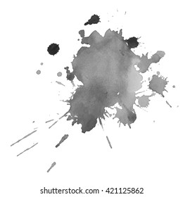 Gray watercolor spot with droplets, smudges, stains, splashes. Grayscale blot in grunge style. 